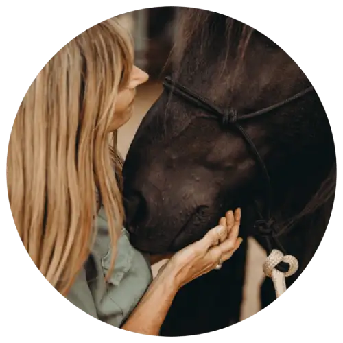 equine therapist with horse holding head